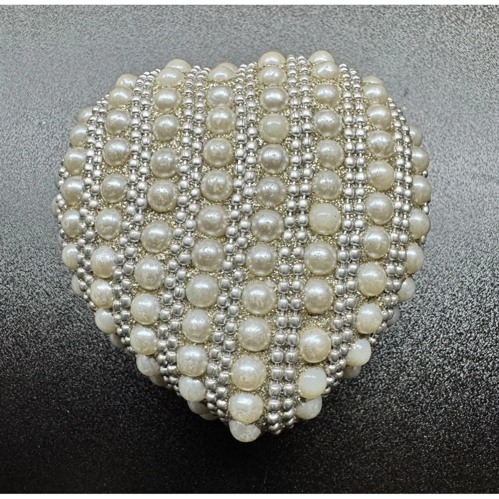 Pearl Beaded Heart Trinket Jewelry Box Faux Pearl Silver Tone Keepsake Box